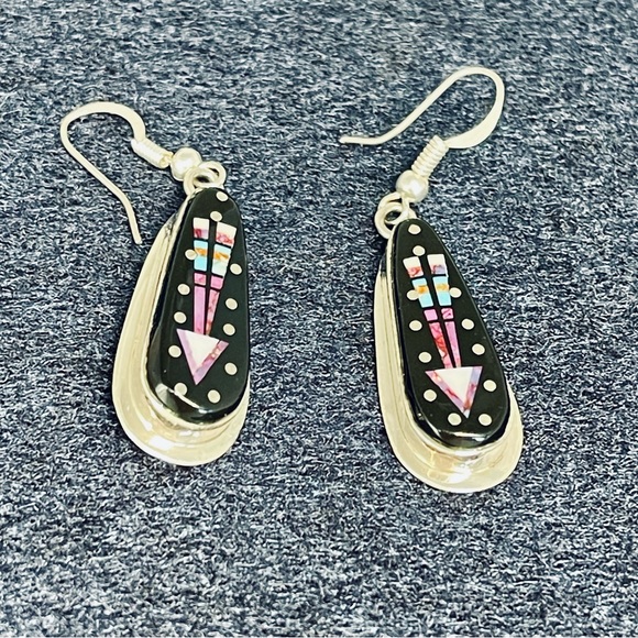 Sterling and Multi-Stone Inlay Teardrop Native American Earrings - Picture 9 of 9